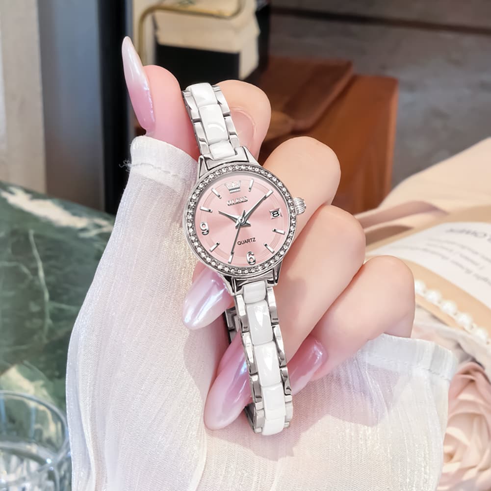 OLEVS 7093 White Ceramic Watch Women Dainty Diamond Bezel Date Quartz Jewelry Timepiece