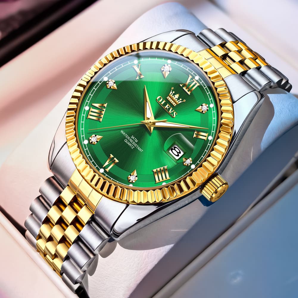 OLEVS 5680 Fluted Bezel Roman Diamond Dial Watch Stainless Steel Jubilee Bracelet Quartz Timepiece for Men