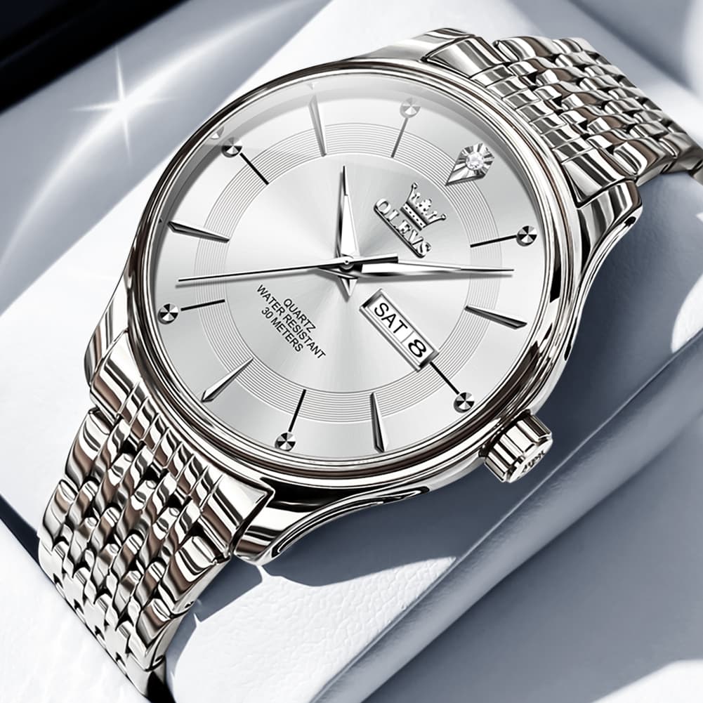 OLEVS 9908 Diamond Accent Day Date Quartz Watch for Men