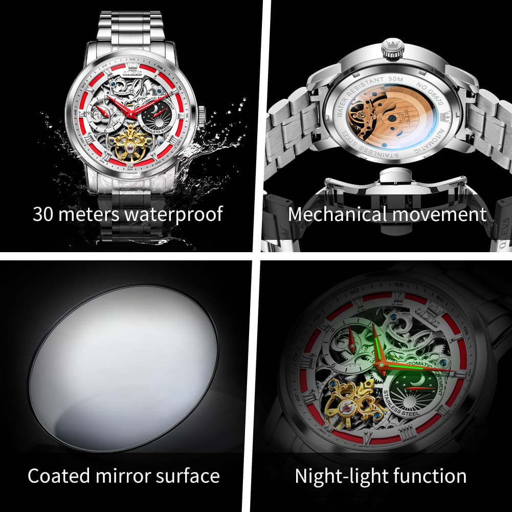 OLEVS 6670 Stainless Steel Skeleton Mechanical Watch for Men