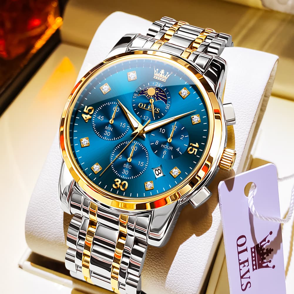 OLEVS 3652 Chronograph Moon Phase Diamond Dial Stainless Steel Watch For Men