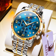 OLEVS 3652 Chronograph Moon Phase Diamond Dial Stainless Steel Watch For Men