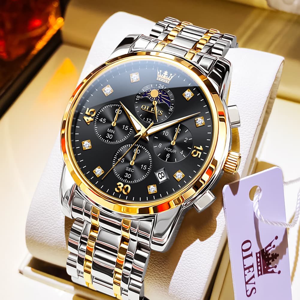 OLEVS 3652 Chronograph Moon Phase Diamond Dial Stainless Steel Watch For Men