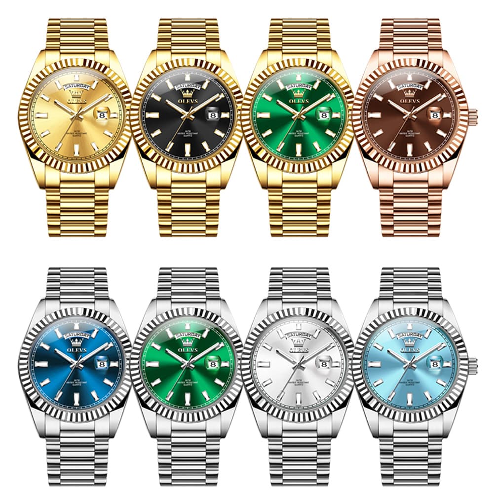 OLEVS 5650 Fluted Bezel Day Date Watch Stainless Steel Quartz Luxury Timepiece for Men