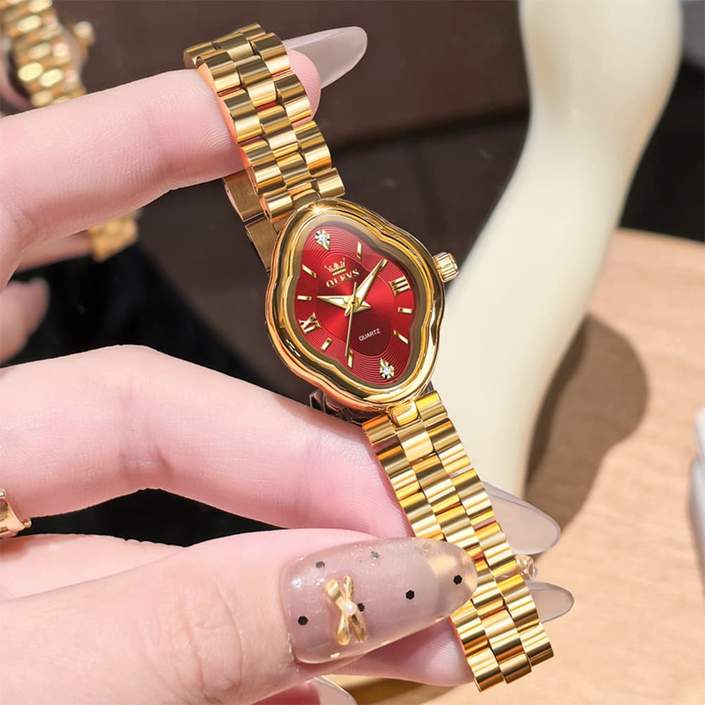 OLEVS 5666 Petal Case Vintage Dress Watch Gold Bracelet Quartz Jewelry Timepiece for Women