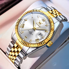OLEVS 5680 Fluted Bezel Roman Diamond Dial Watch Stainless Steel Jubilee Bracelet Quartz Timepiece for Men