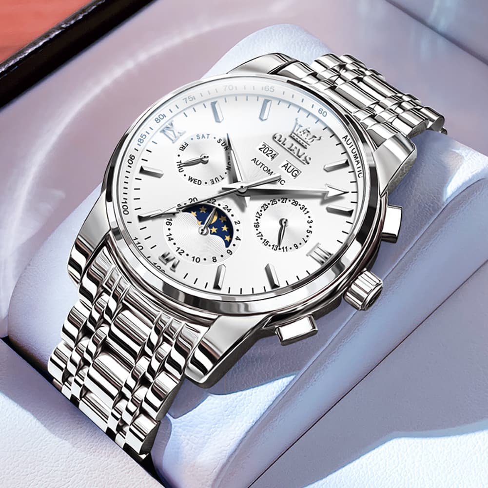 OLEVS 6633 Stainless Steel Mechanical Moon Phase Watch for Men