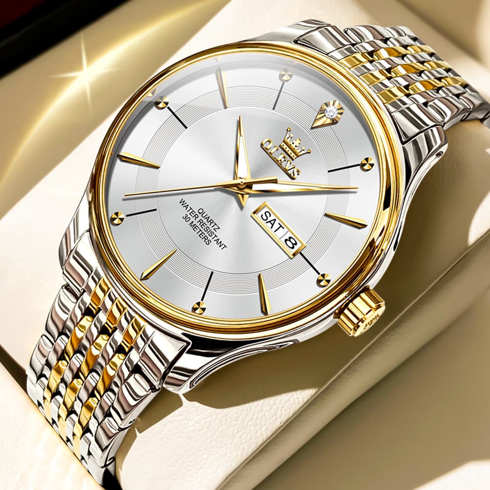 OLEVS 9908 Diamond Accent Day Date Quartz Watch for Men