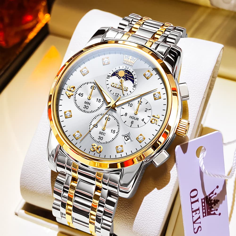 OLEVS 3652 Chronograph Moon Phase Diamond Dial Stainless Steel Watch For Men