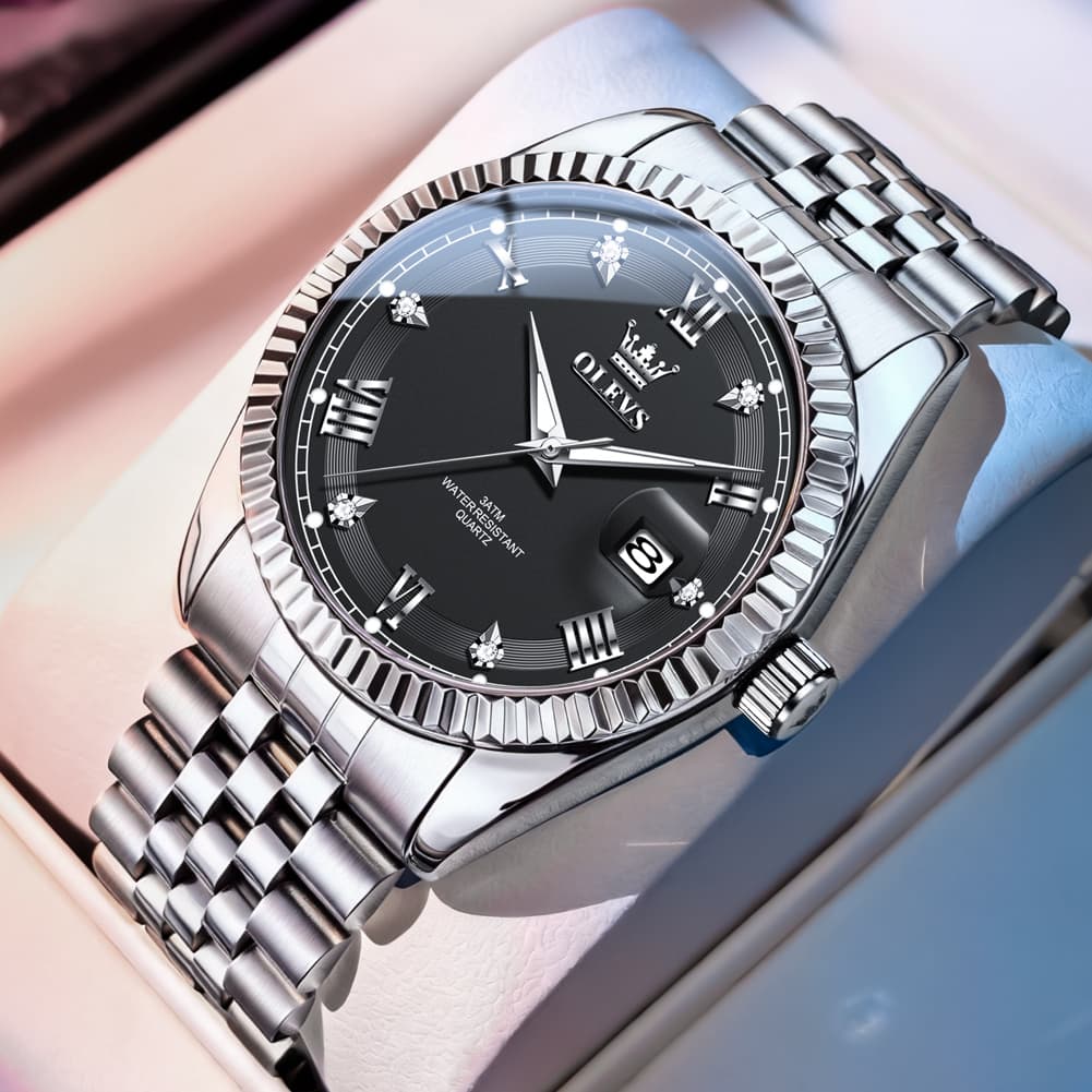 OLEVS 5680 Fluted Bezel Roman Diamond Dial Watch Stainless Steel Jubilee Bracelet Quartz Timepiece for Men