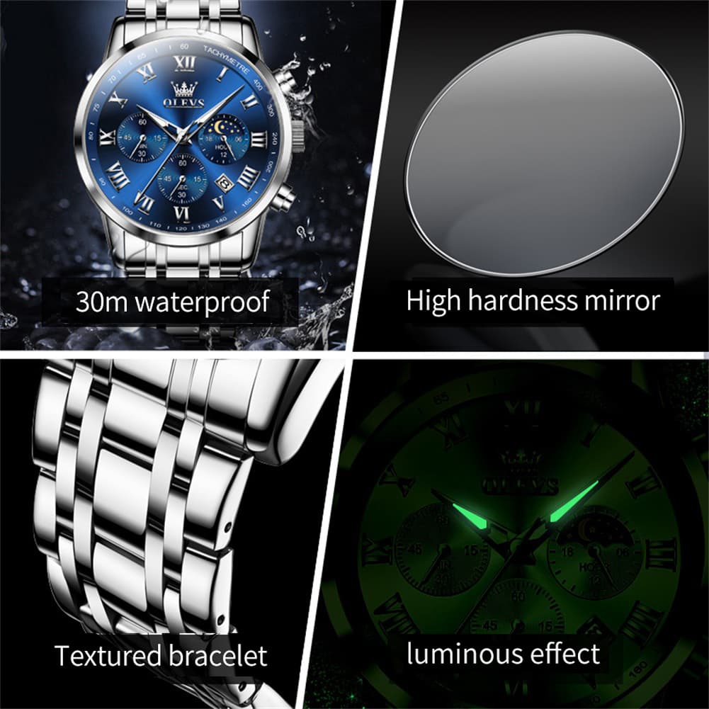 OLEVS Chronograph Moon Phase Dress Watch for Men Stainless Steel 5529