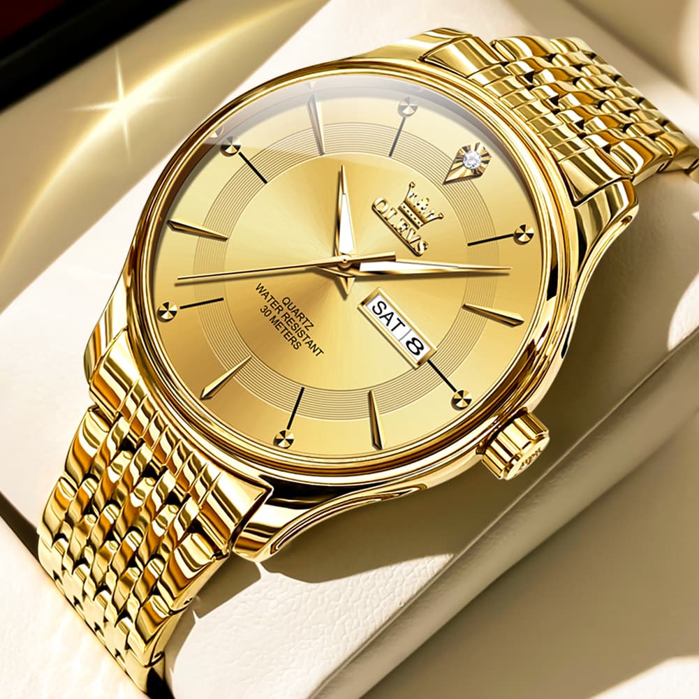 OLEVS 9908 Diamond Accent Day Date Quartz Watch for Men