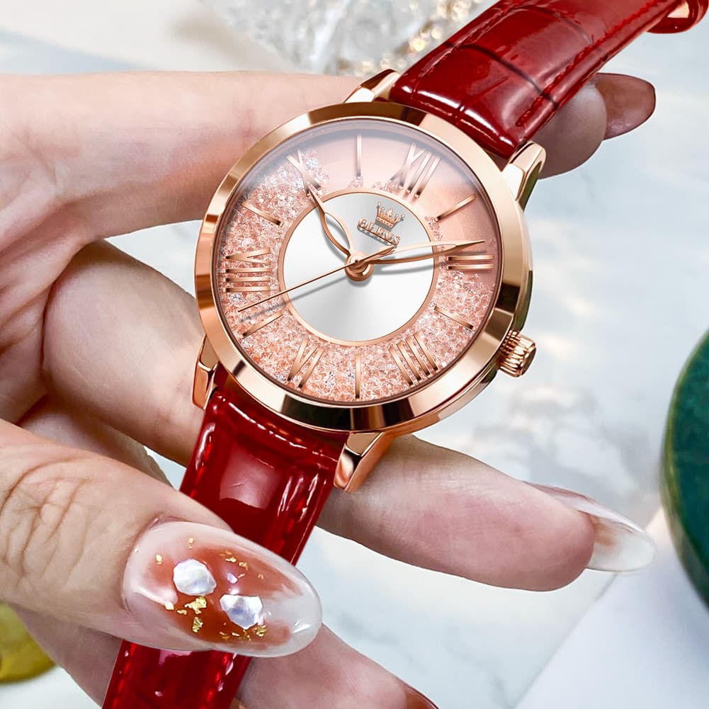 OLEVS Flowing Quicksand Crystal Dress Watch for Women Leather Strap 5539