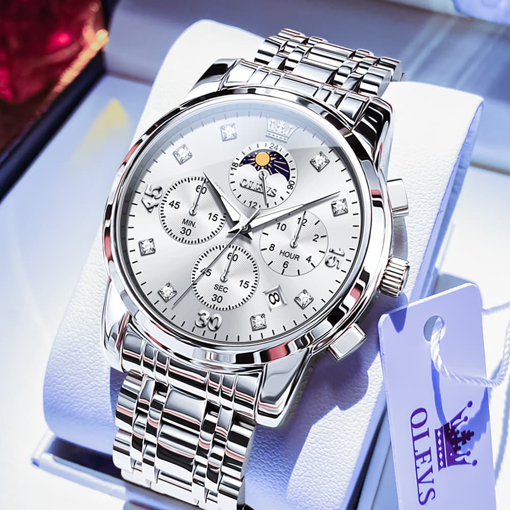 OLEVS 3652 Chronograph Moon Phase Diamond Dial Stainless Steel Watch For Men