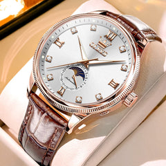 OLEVS 7039 Leather Moon Phase Mechanical Watch For Men