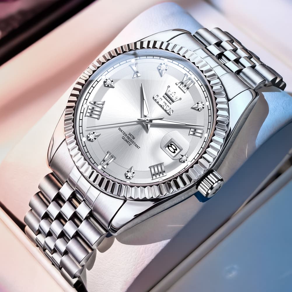 OLEVS 5680 Fluted Bezel Roman Diamond Dial Watch Stainless Steel Jubilee Bracelet Quartz Timepiece for Men