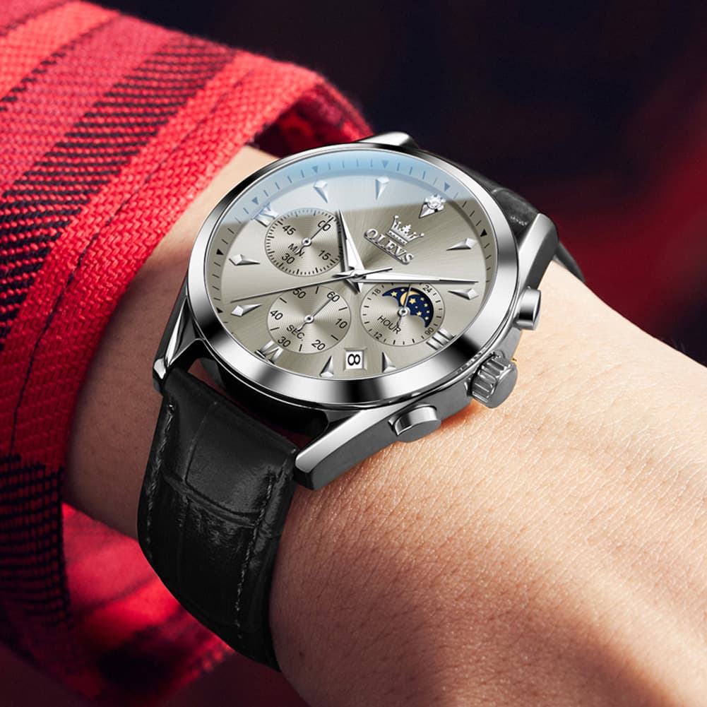 OLEVS 3609 Multifunction Leather Quartz Watch for Men