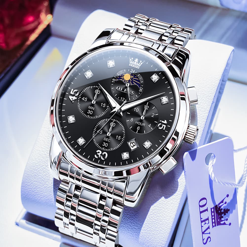 OLEVS 3652 Chronograph Moon Phase Diamond Dial Stainless Steel Watch For Men