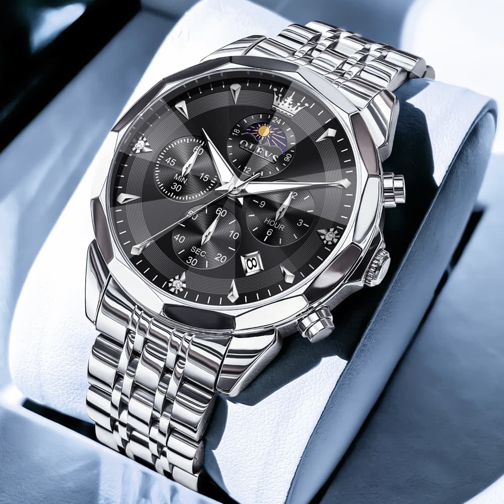 OLEVS 3673 Quartz 3D Rhombic Mirror Chronograph Watch For Men
