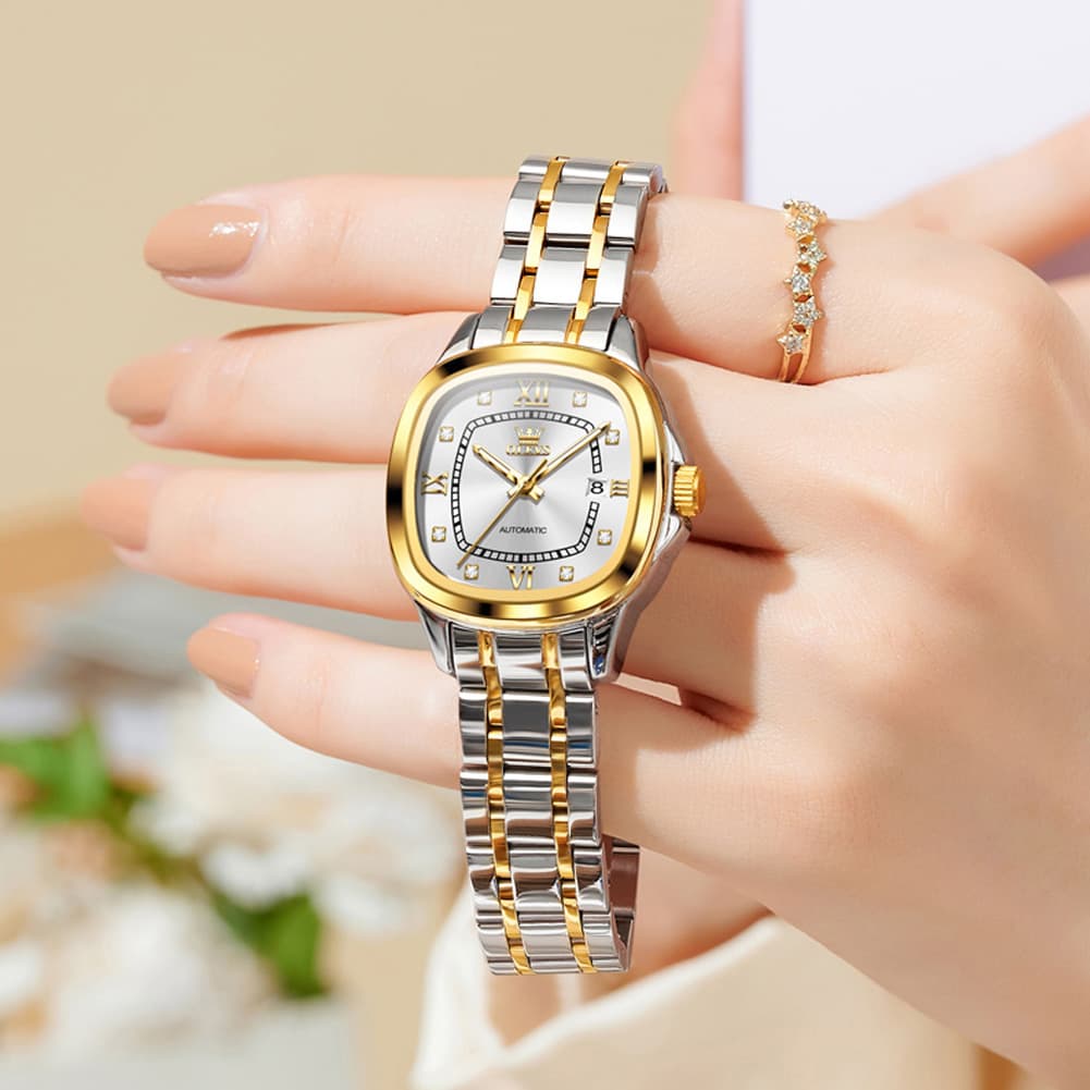 OLEVS Retro Square Diamond Dial Automatic Mechanical Watch 9810 for Men and Women