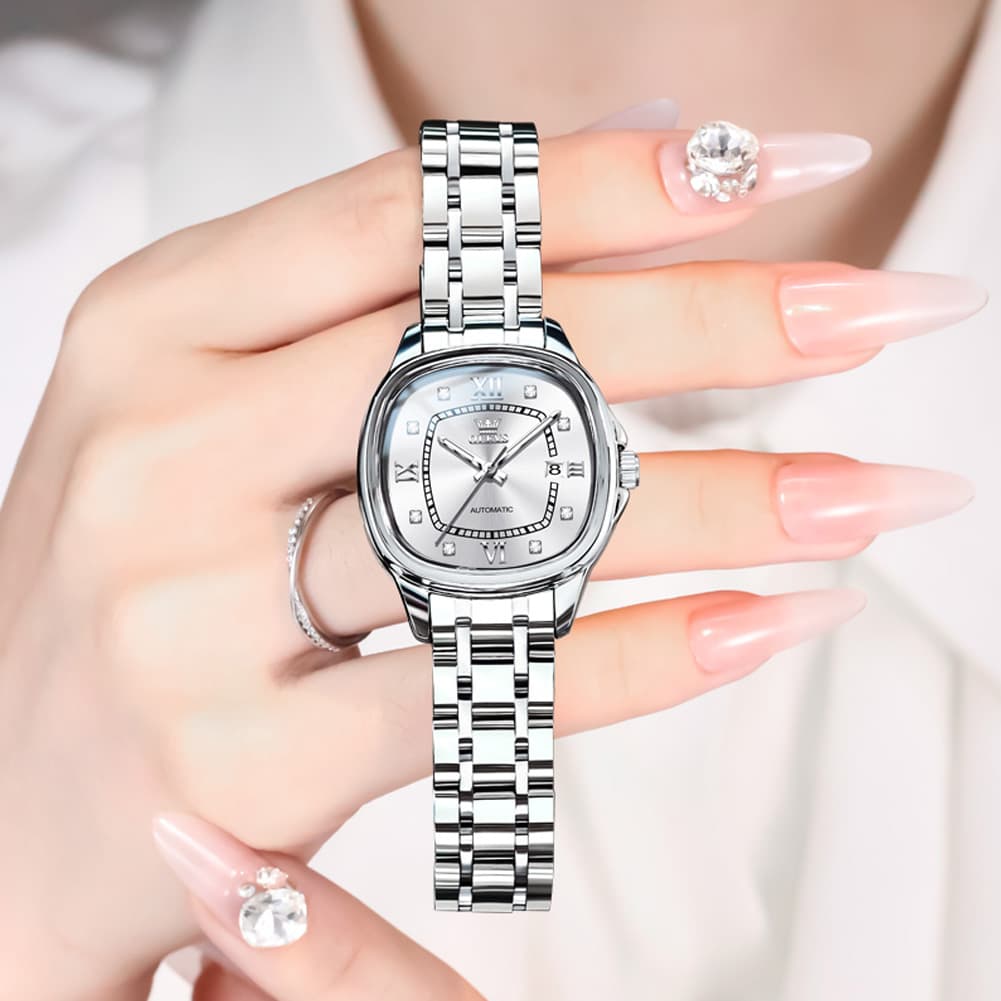 OLEVS Retro Square Diamond Dial Automatic Mechanical Watch 9810 for Men and Women