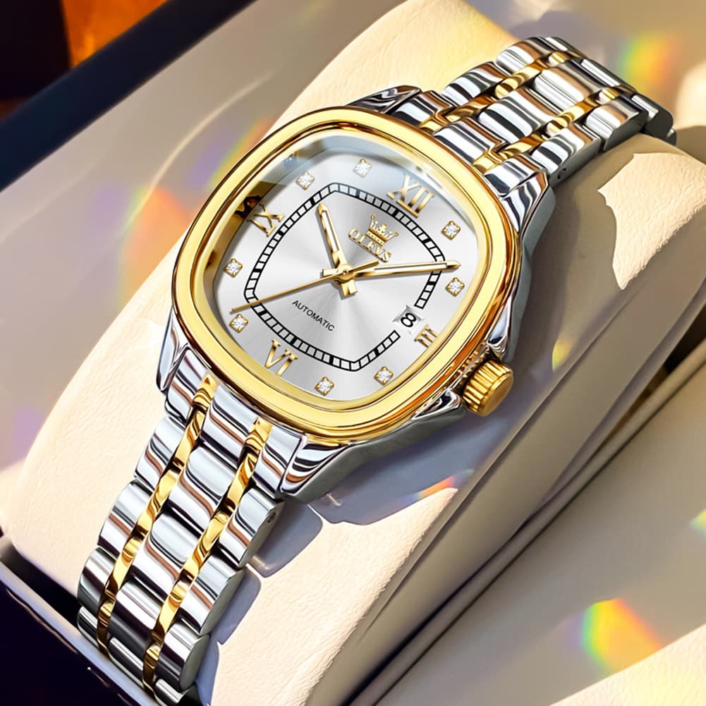 OLEVS Retro Square Diamond Dial Automatic Mechanical Watch 9810 for Men and Women