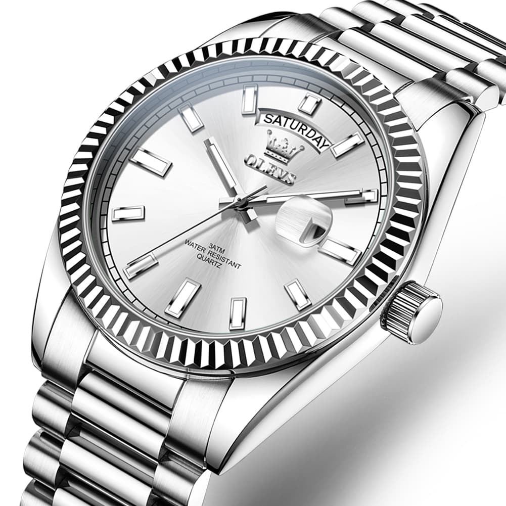 OLEVS 5650 Fluted Bezel Day Date Watch Stainless Steel Quartz Luxury Timepiece for Men