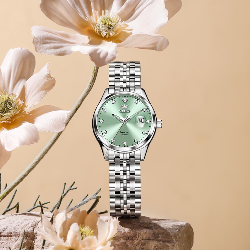 OLEVS 5649 Diamond Starry Dial Quartz Watch Calendar Stainless Steel Bracelet Timeless Timepiece for Women
