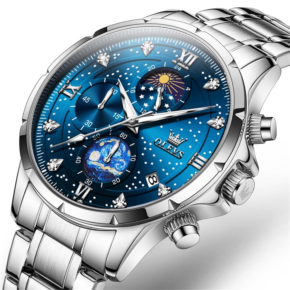 OLEVS 9807 Starry Moon Phase Chronograph Quartz Watch for Men