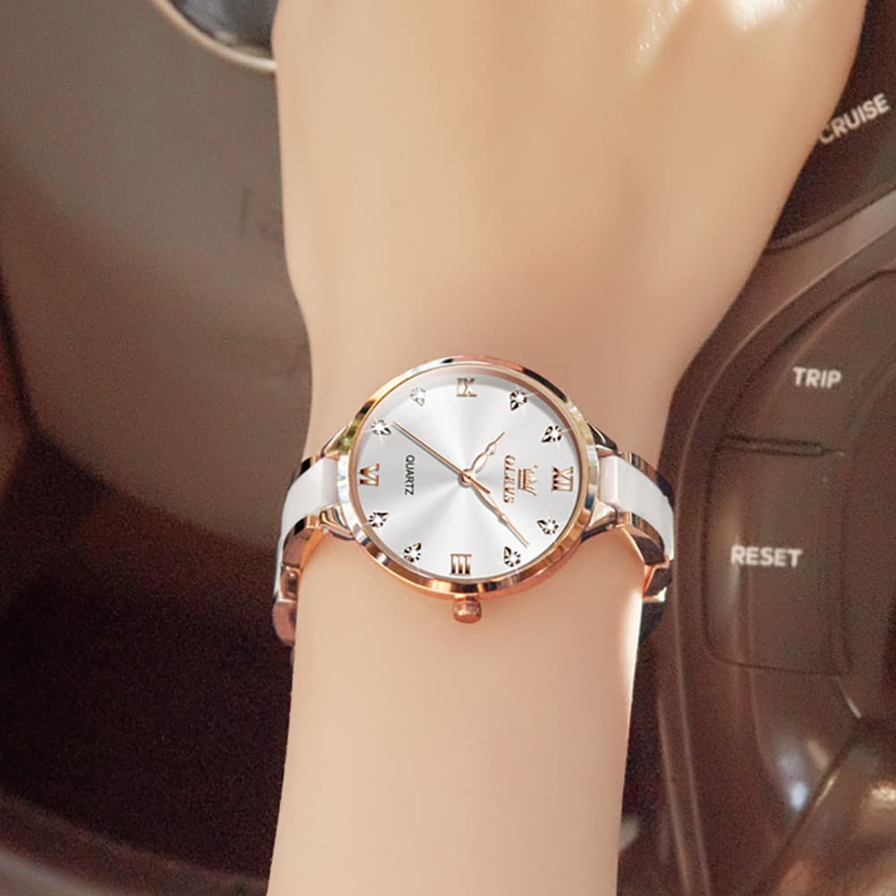 OLEVS 5872 Ceramic Bracelet Watch Rose Gold Diamond Accent Quartz Luxury Timepiece for Women