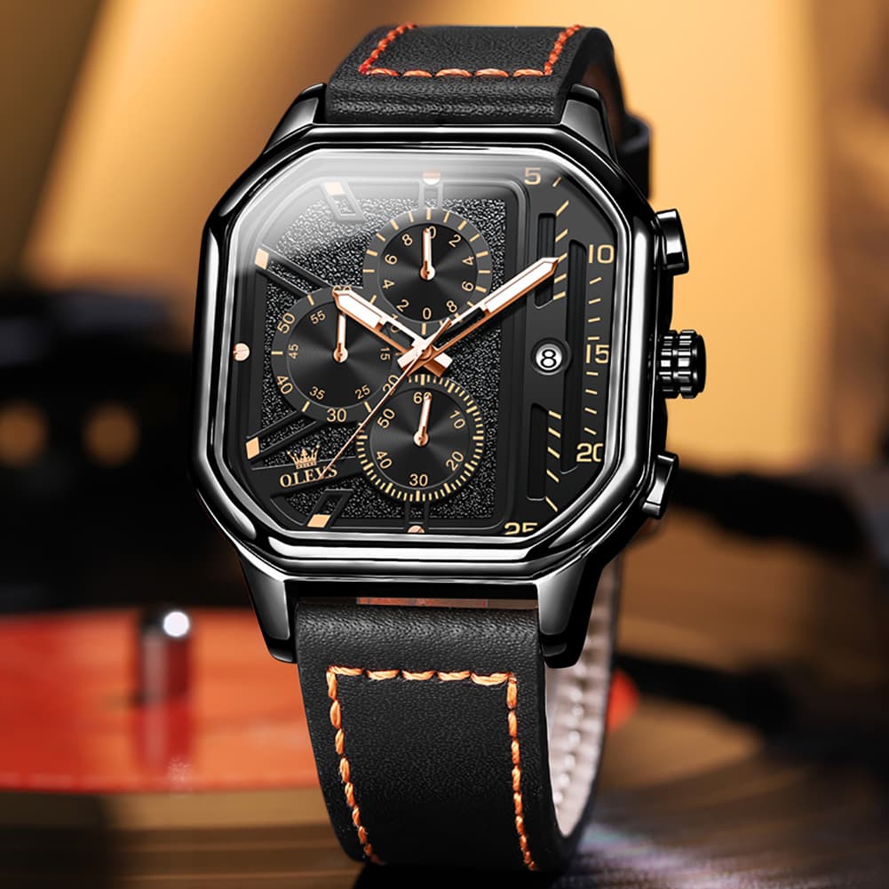 OLEVS 9950 Octagonal Case Chronograph Leather Watch for Men