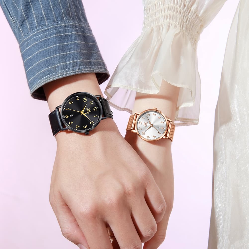OLEVS 5653 Ultra Thin Couple Watch Milanese Mesh and Leather Strap Date Timepiece for Men and Women