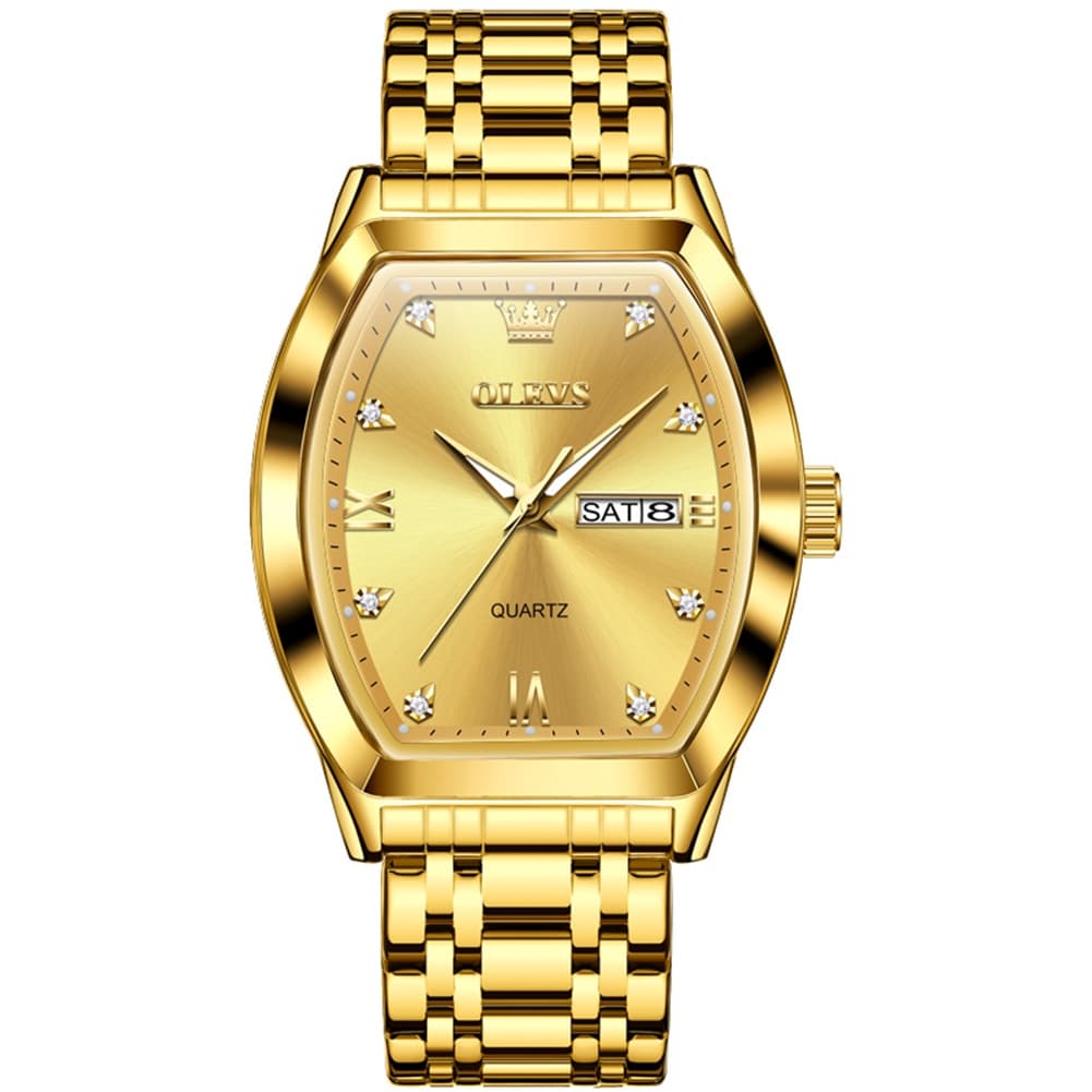 OLEVS Tonneau Diamond Dial Day Date Quartz Watch 5528 Steel Band for Men