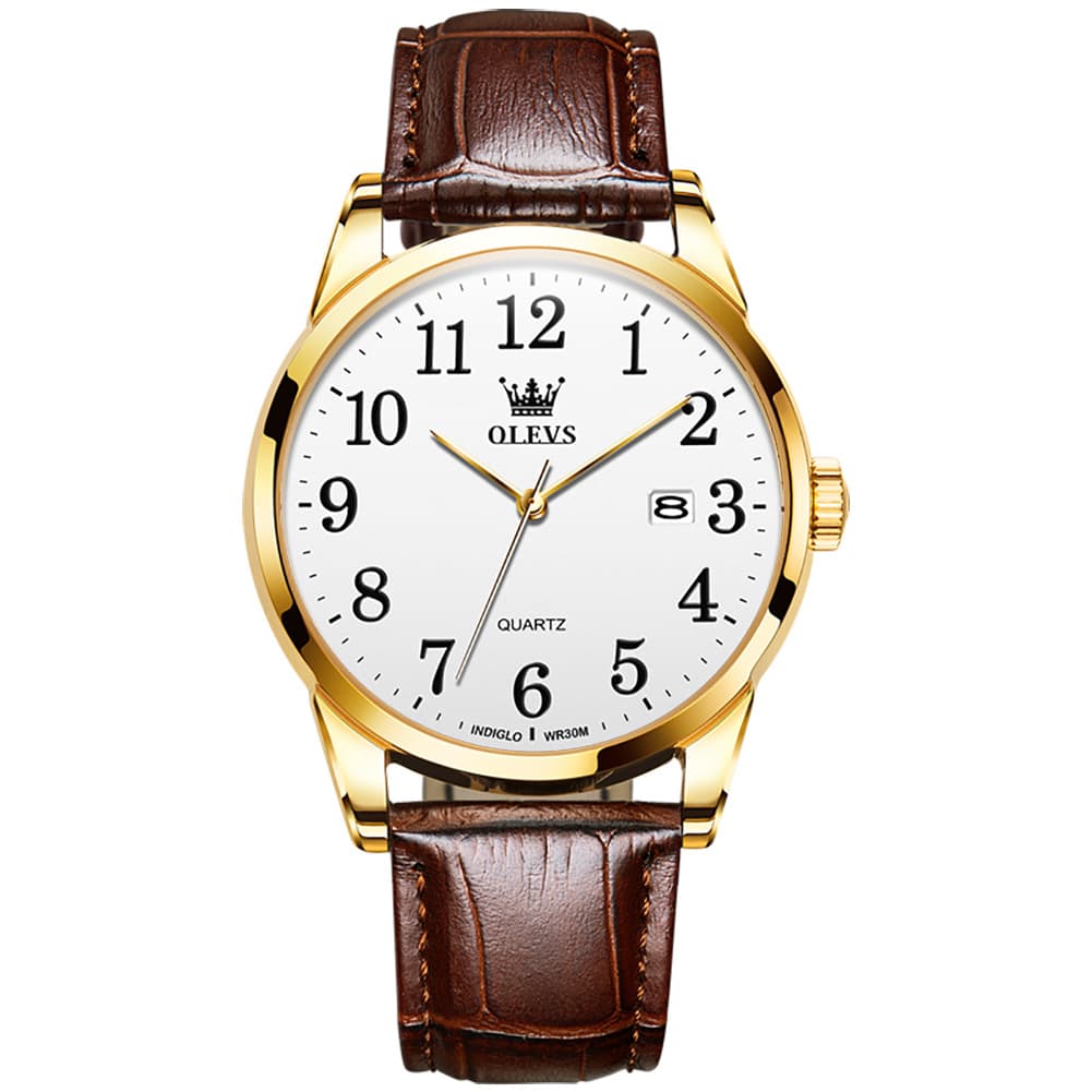 OLEVS Men Classic Leather Dress Watch Arabic Numerals Quartz Date 5566