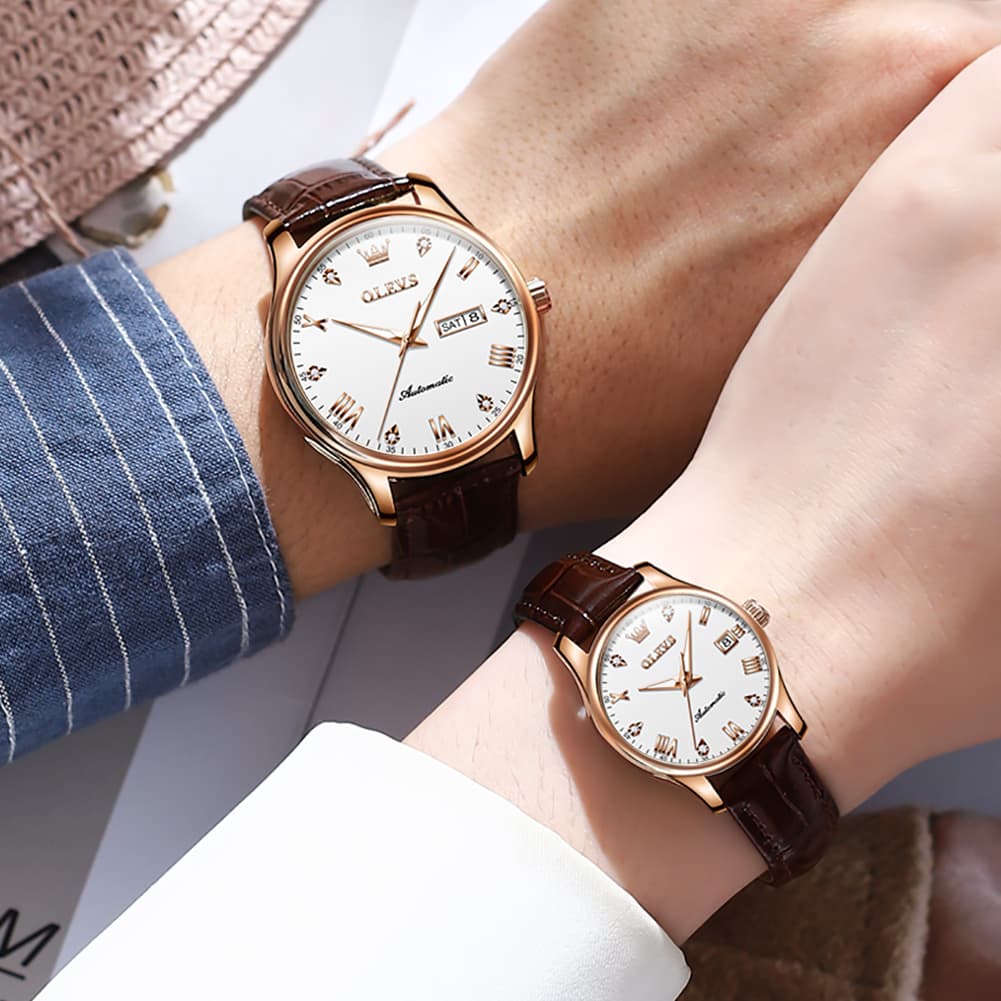 OLEVS Couple Watches Diamond Dial Automatic Mechanical Watch 9932 Leather Strap for His and Hers