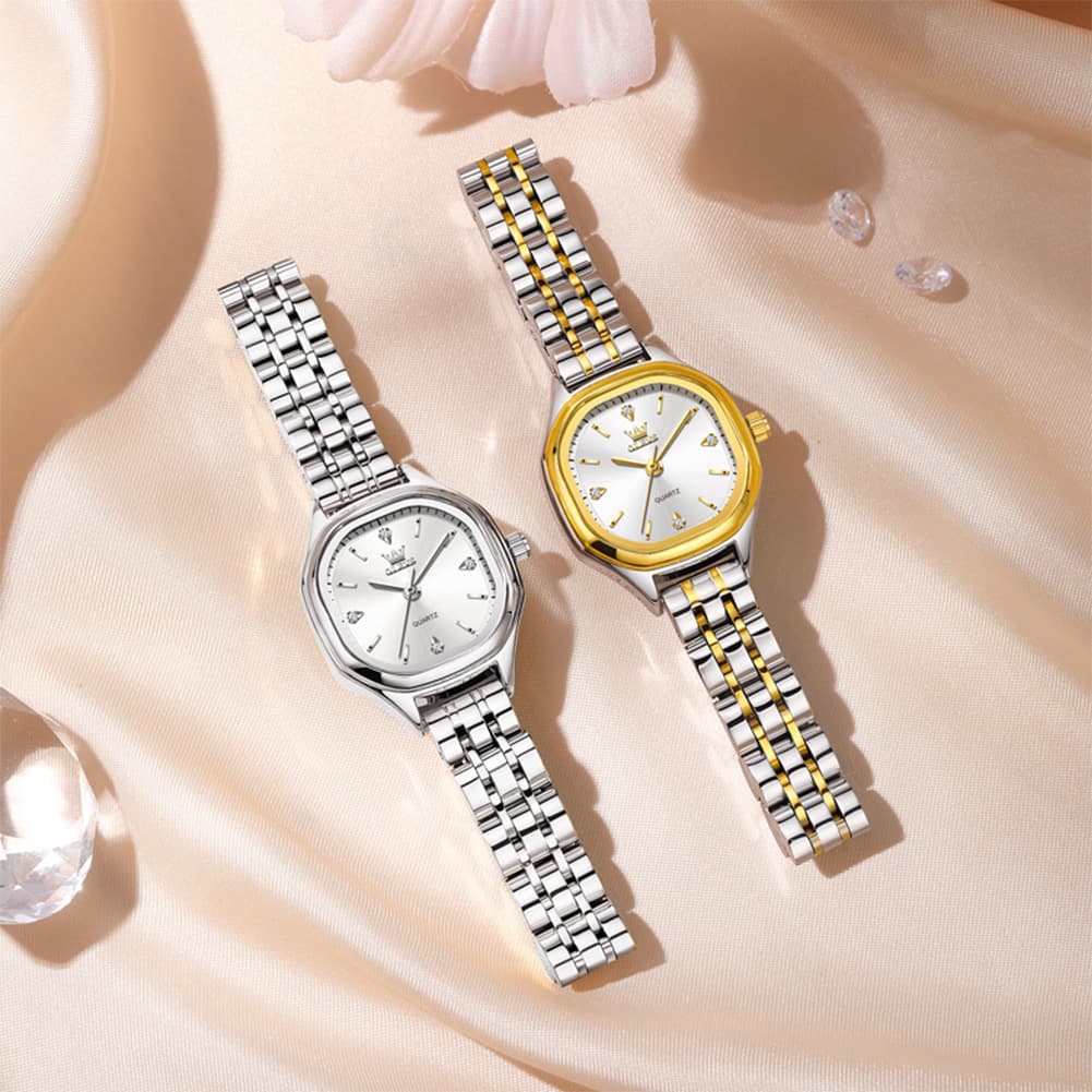 OLEVS 5888 Petite Square Watch Vintage Diamond Accent Stainless Steel Bracelet Quartz Timepiece for Women