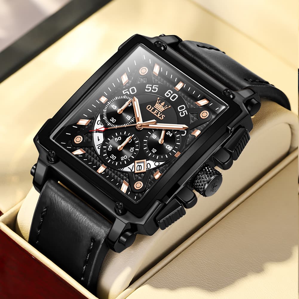 OLEVS 9919 Large Square Chronograph Leather Watch for Men