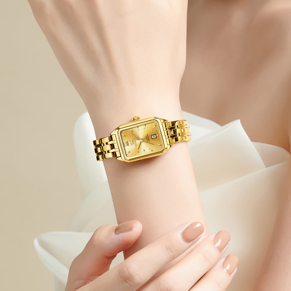 OLEVS Women Square Dress Watch Retro Gold Stainless Steel Date Quartz 5616