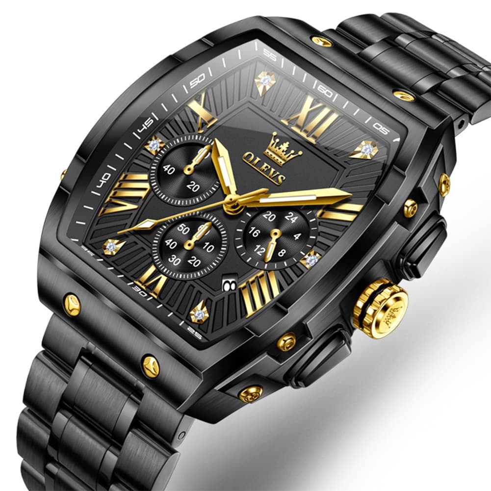 OLEVS Men Tonneau Watch Chronograph Stainless Steel Luxury Quartz 5639