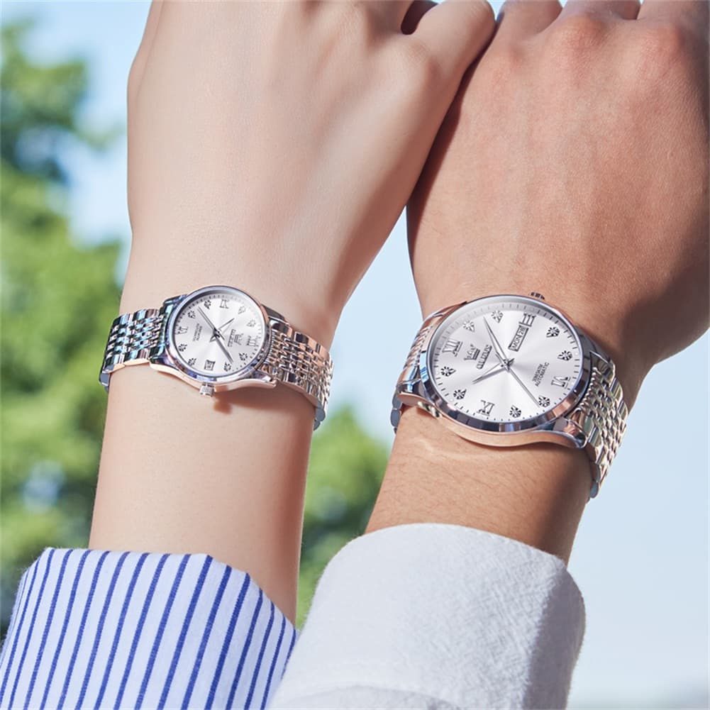 OLEVS 6673 Diamond Automatic Couple Watches Set