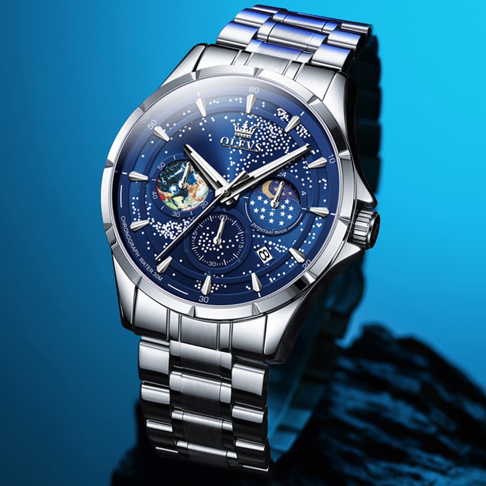 OLEVS Starry Sky Moon Phase Watch for Men Stainless Steel 5538