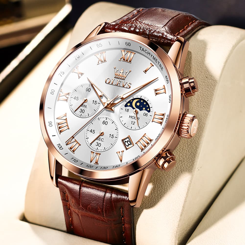 OLEVS Chronograph Moon Phase Dress Watch Leather Strap for Men 5529