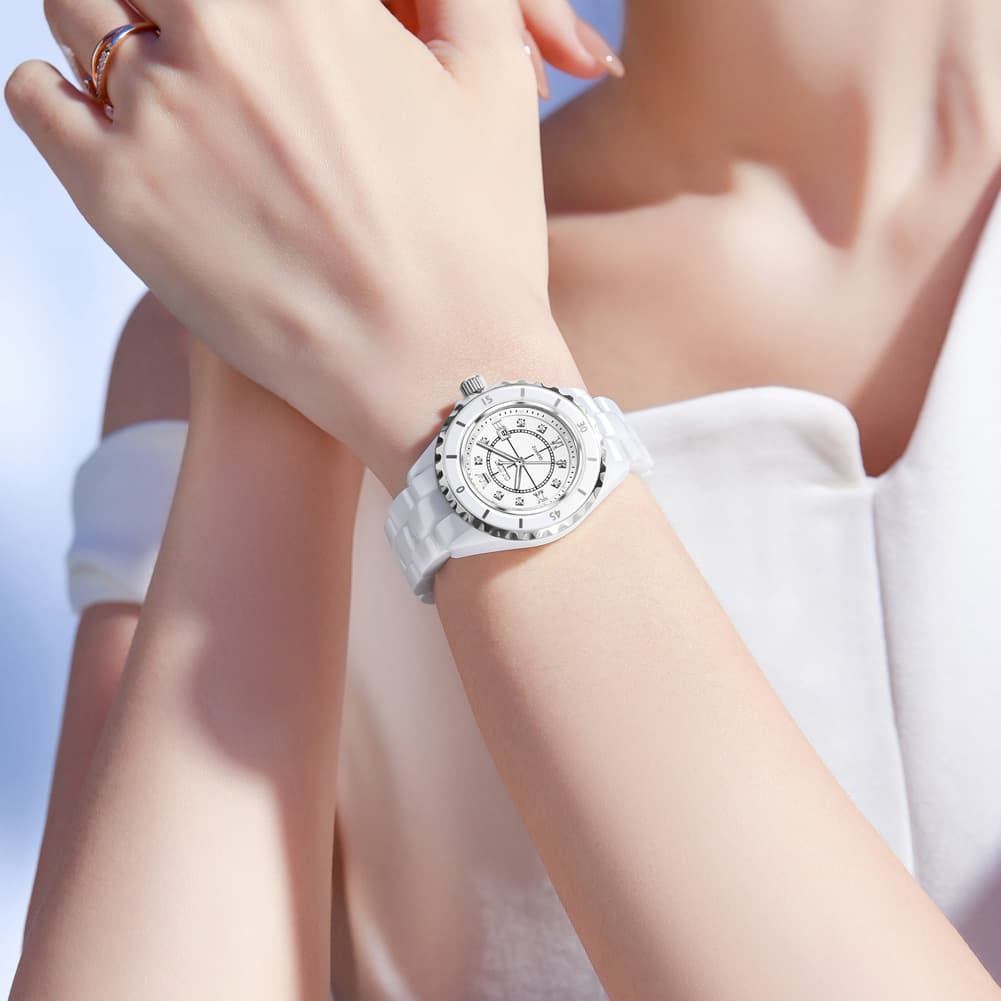 OLEVS 5658 White Ceramic Watch Diamond Accent Quartz Butterfly Clasp Luxury Timepiece for Women