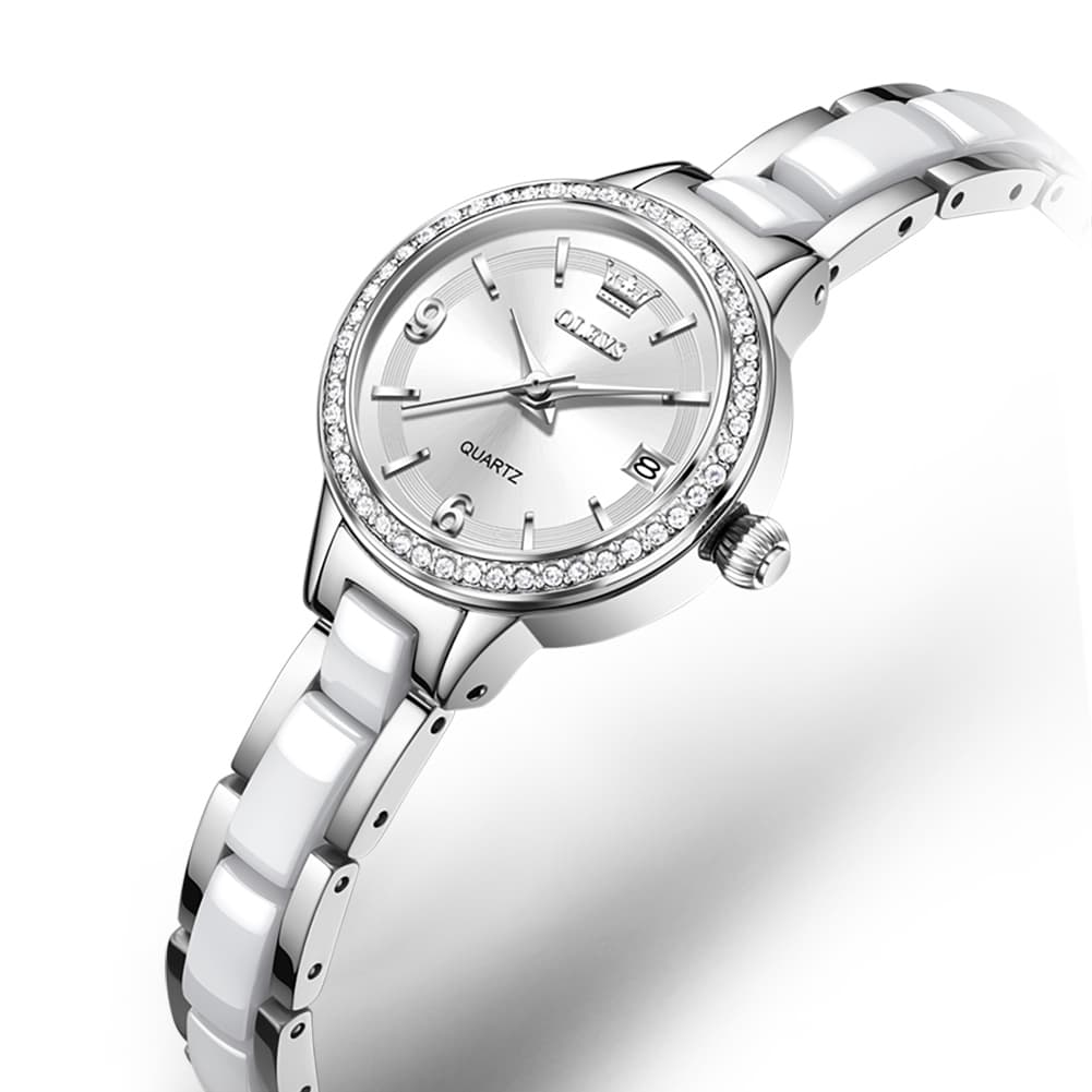 OLEVS 7093 White Ceramic Watch Women Dainty Diamond Bezel Date Quartz Jewelry Timepiece