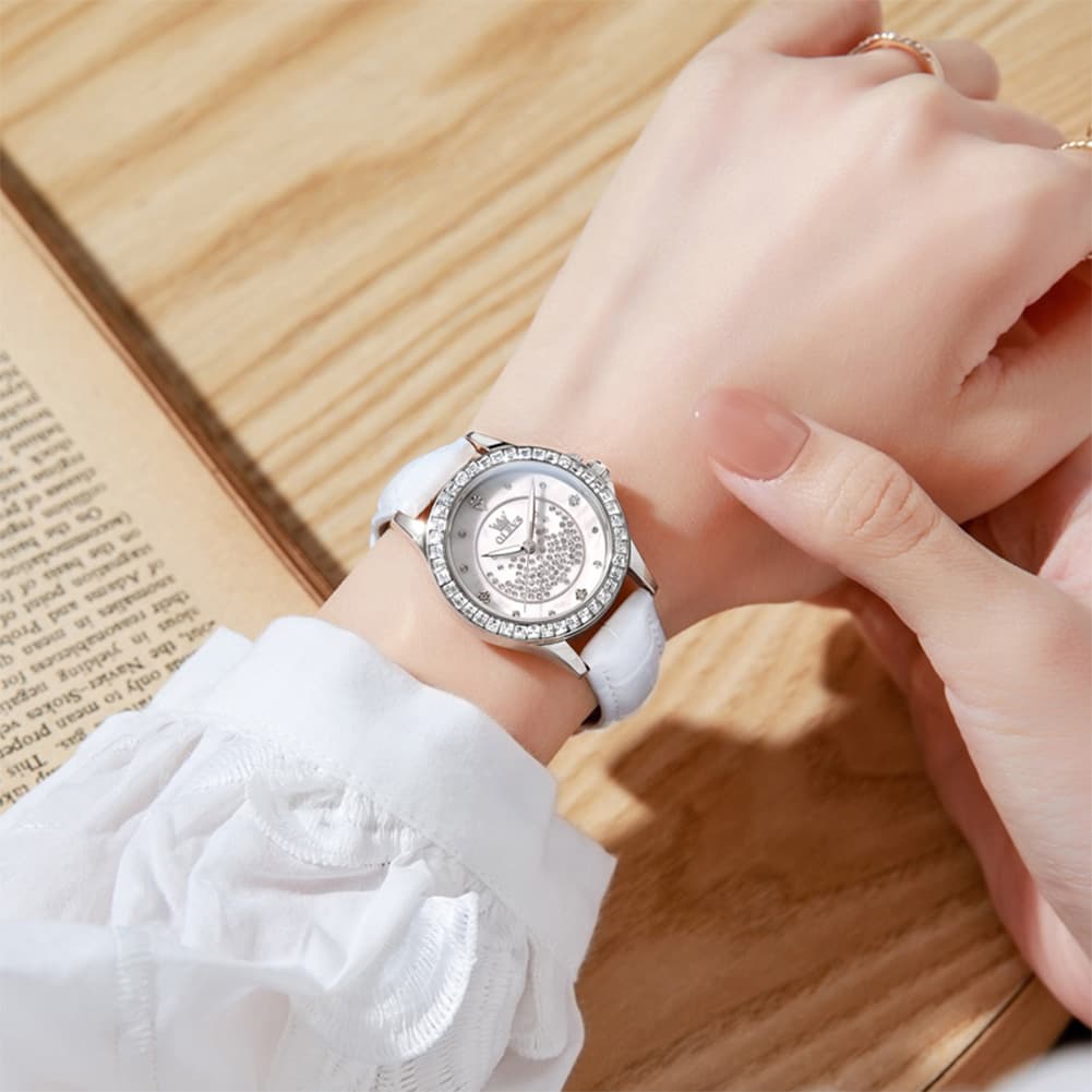 OLEVS 3715 Diamond Mother of Pearl Leather Watch for Women