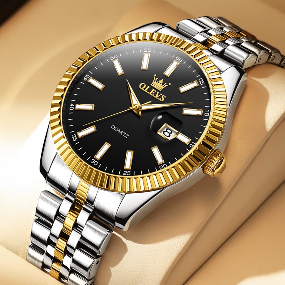 OLEVS Couple Watch Fluted Bezel Two Tone Stainless Steel Date Quartz 5593