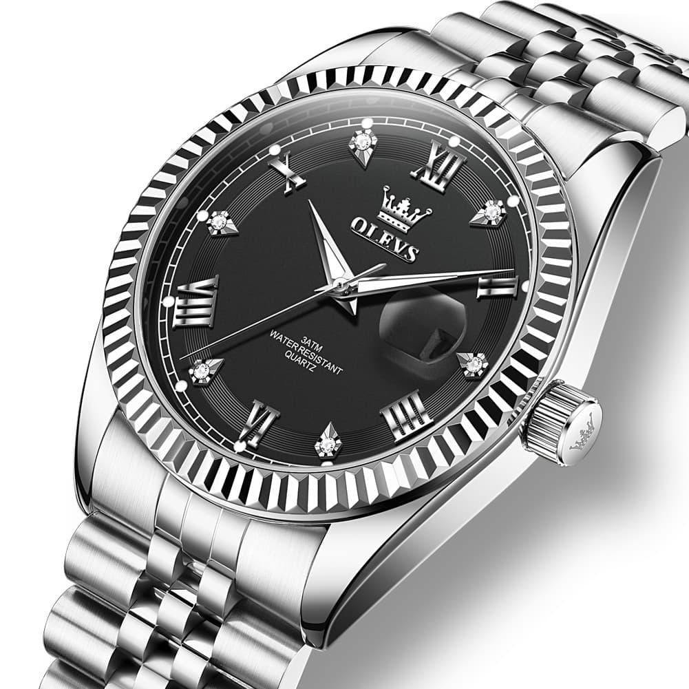 OLEVS 5680 Fluted Bezel Roman Diamond Dial Watch Stainless Steel Jubilee Bracelet Quartz Timepiece for Men