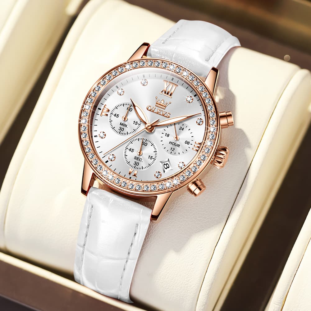 OLEVS 9933 Crystal Bezel Chronograph Leather Watch for Women