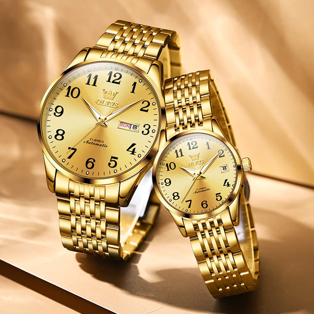 OLEVS 6666Q Stainless Steel Mechanical Big Numeral Couple Watches