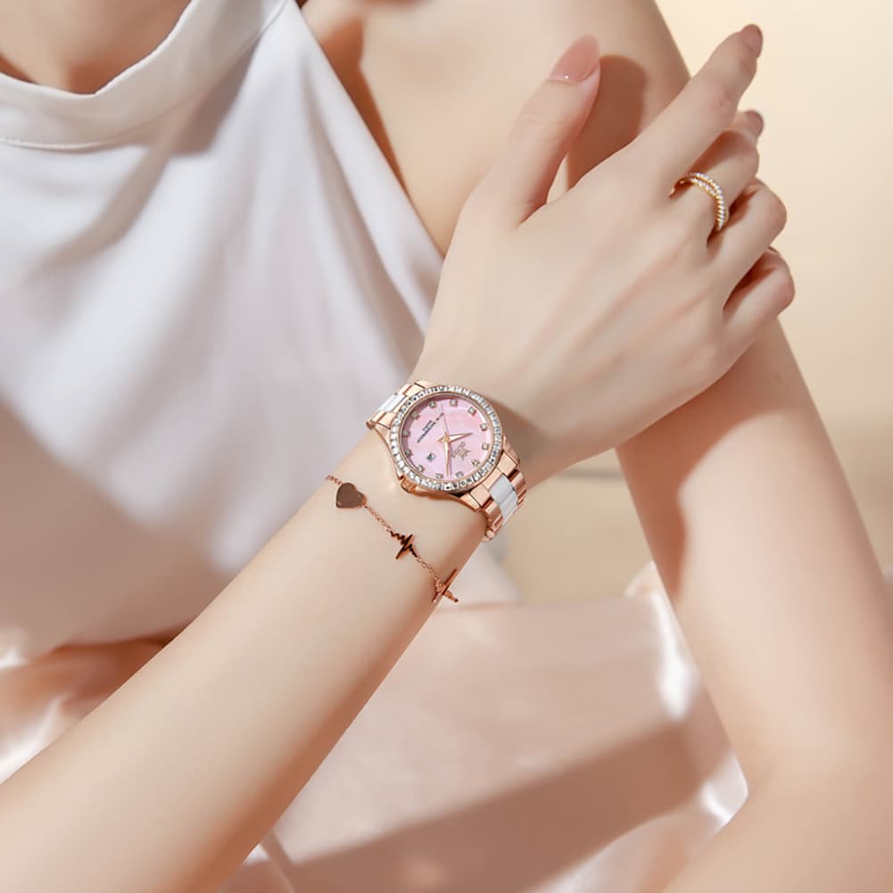 OLEVS 3651 Mother of Pearl Ceramic Crystal Diamond Watch For Women
